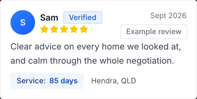 An example review on Leon's profile: five stars from a made-up client, for a purchase in Hendra.